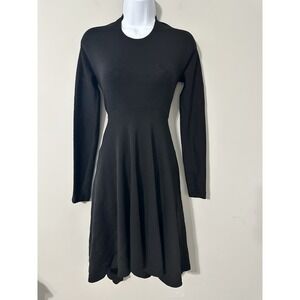 Vtg 80s 90s Donna Karan NY Black Wool Fit Flare Long Sleeve Bodysuit Dress US 8
